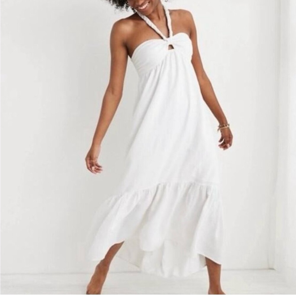 AERIE Linen Blend Braided Halter Hi Low Green Maxi Dress Large - Picture 10 of 11